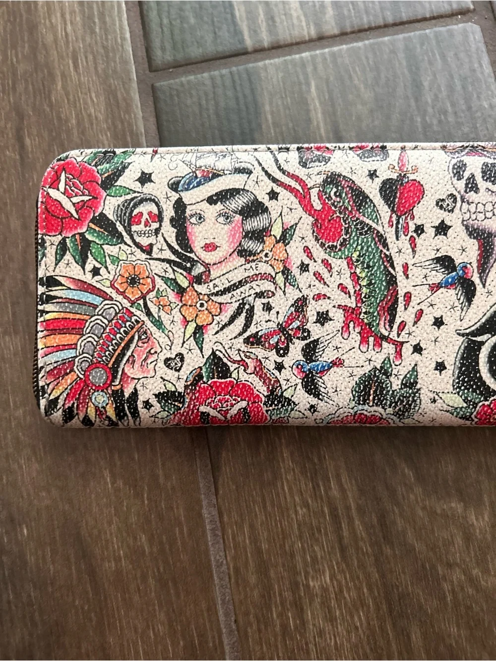 Loungefly Classic Sailor Tattoo Printed Pebbled Wallet in Tan/Multi